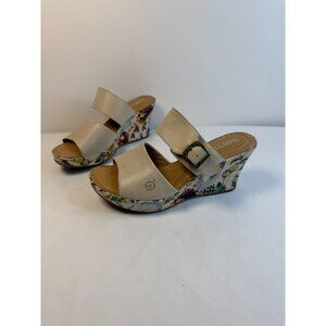Born Wedge Sandal Womens Size 7M Off White Leather Floral Print Open Toe Shoes